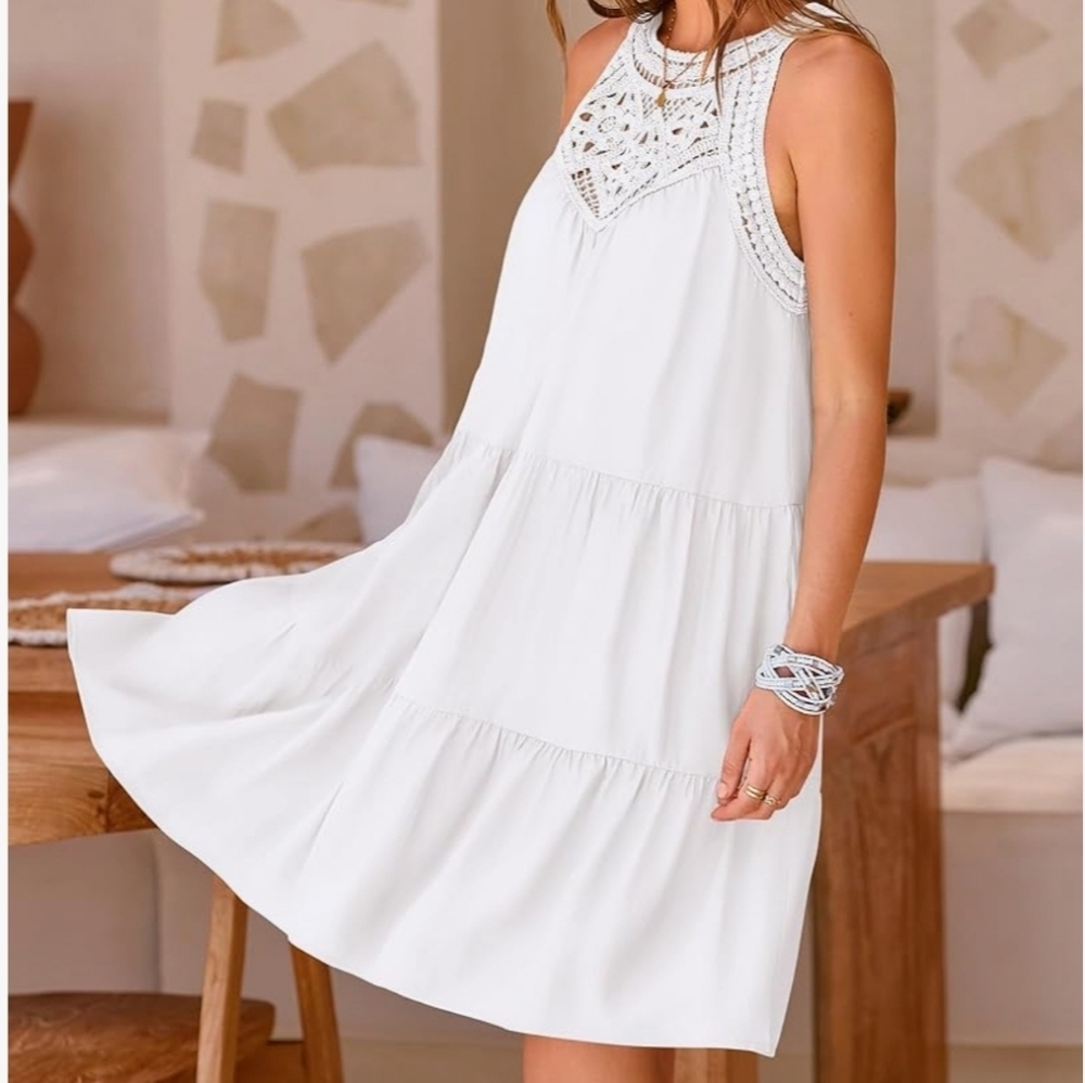 BTFBM Crotchet Halter Sleeveless A-Line Tiered Swing Sundress in White Size S